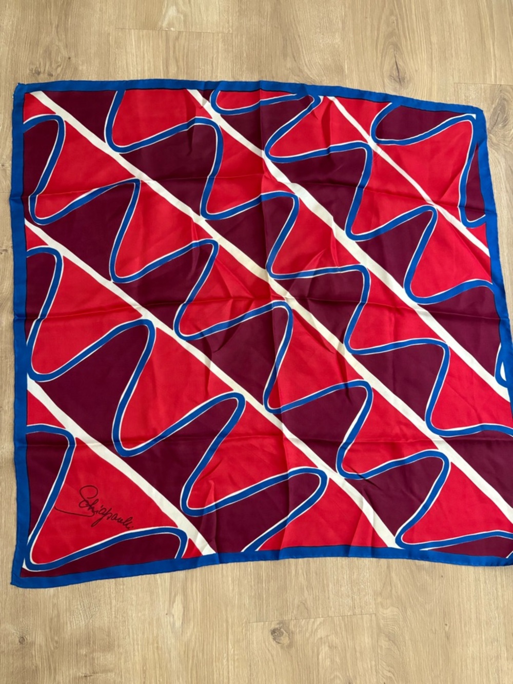 Vtg schiaparelli silk scarf vintage Geometric Pattern in Red, Burgundy & Blue